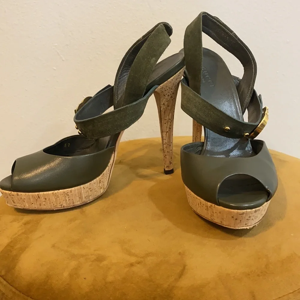 Gucci Dark Green leather and suede platform sandals with cork Heels | Size 37 - Picture 3 of 4
